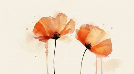 Abstract watercolor painting of two orange poppy flowers with white background.