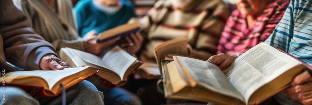 Leinwandbilder A group of elderly learners actively studies foreign languages using textbooks and dictionaries in a warm, inviting setting during the afternoon. Generative AI
