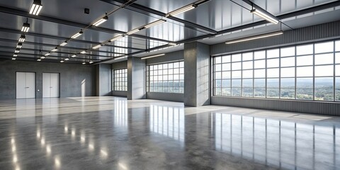 Light gallery hall with gunmetal gray wall, glossy concrete floor, and bright windows, gallery, hall, gunmetal gray