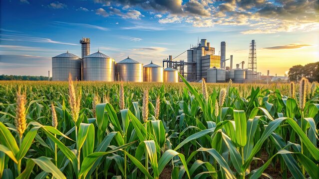 Corn field with ethanol plant in distance, agriculture, biofuel, ethanol, renewable energy, plant, farm