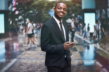 African business man phone call and talking on walk for contact, chat or good deal and smile on street.Black man using smartphone and talk for networking, sales or stock trading on road