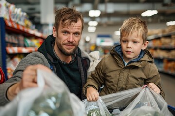 A father and son, both warmly dressed, holding grocery bags and smiling during a shopping trip in a busy market, illustrating a moment of togetherness and practical bonding.