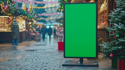 Obraz premium Unique and attractive vertical blank green screen billboard mock-up at a festive holiday market, seasonal environment