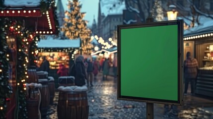 Obraz premium Unique and attractive vertical blank green screen billboard mock-up at a festive holiday market, seasonal environment