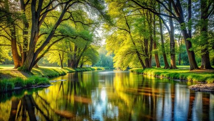 Peaceful view of trees by a calm stream, nature, trees, stream, tranquil, serene, peaceful, water, outdoor, scenery