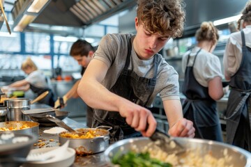 Multiple kitchen staff members are engaged in preparing various dishes in a busy commercial kitchen, diligently working together to create meals, illustrating the teamwork and hard work involved in p