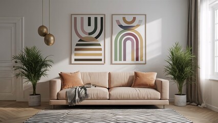 High resolution stylish Living room wall with two mockup photo frame on front wall. Interior mock up white background 3d illustration.