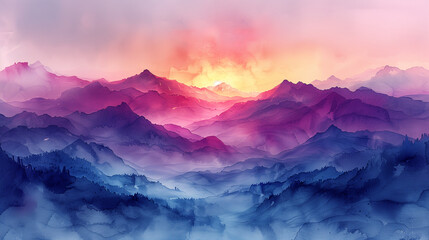 Watercolor illustration of a beautiful sunrise over the mountains, purple and blue tones, in the style of digital art, fantasy world background, Generative AI