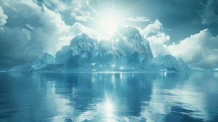 Fototapeta premium Majestic iceberg bathed in sunlight, reflected in calm water, illustrating the beauty and serenity of nature.