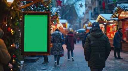 Unique and attractive vertical blank green screen billboard mock-up at a festive holiday market, seasonal environment