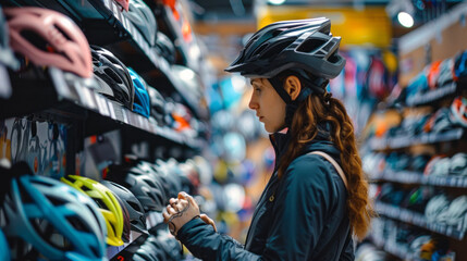 Naklejka premium A woman is looking at a rack of helmets in a store