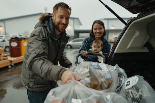 A cheerful couple with their baby load a car with groceries outside, representing a family day out shopping, capturing a joyful and caring family activity together.