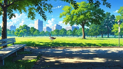 Obraz premium goose in park background anime cartoon illustration