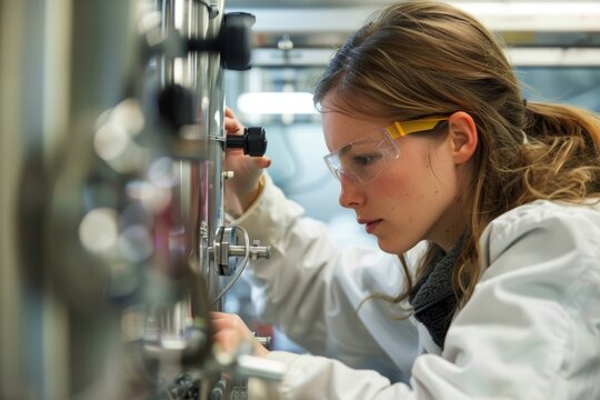 Woman working with bioreactor in laboratory, illustrating bioprocessing and bioengineering