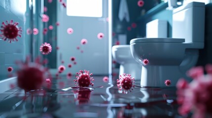 Red viruses floating in a flooded bathroom with a toilet.  Hygiene and cleanliness are important.
