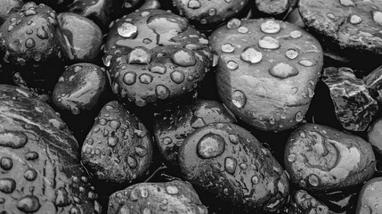 This image features a close-up view of wet black rocks covered in raindrops, capturing the texture, shine, and natural patterns created by the water droplets on the smooth stones.