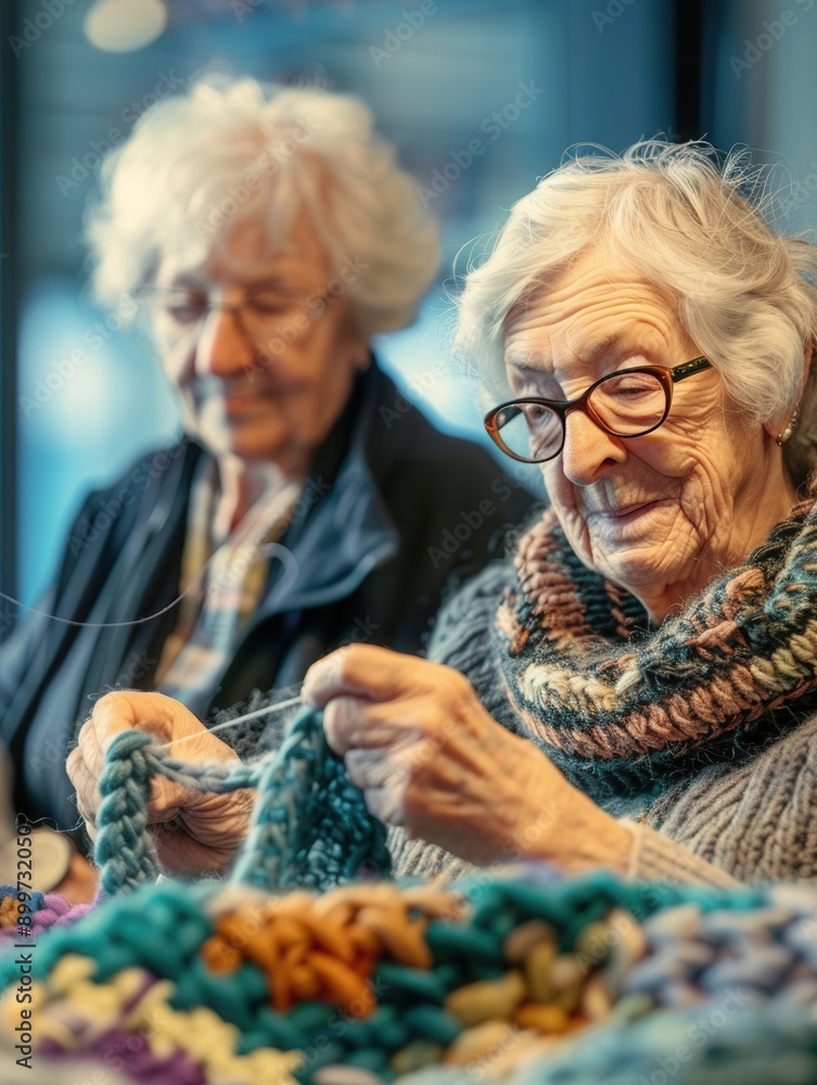 Aufkleber two elderly individuals are engaged in a crafting session, focusing on knitting and sewing, sharing 