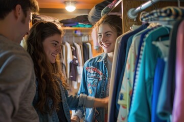 Obraz premium Supportive Parents Assisting Their College Student in Organizing the Dorm Closet with Care and Love