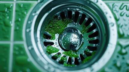 Closeup of a stainless steel kitchen sink drain with water droplets.