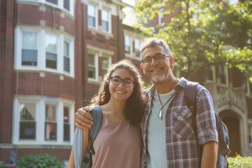 Naklejka premium Proud Parents Standing with Student Outside College Dorm - Realistic Family Moment