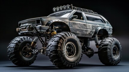 A monster truck with huge tires and a black roof