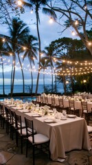 Obraz premium A beautifully set long table adorned with flowers overlooks the water, illuminated by string lights as the sun sets in the background