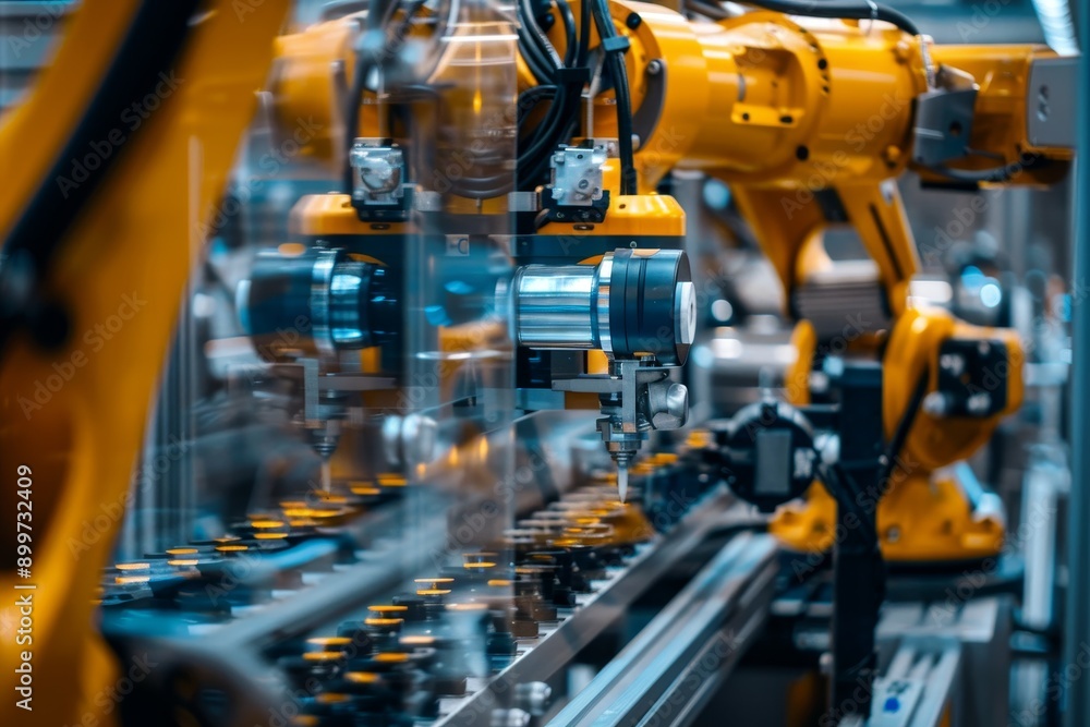 Poster close-up of ai robotic arm assembling products, showcasing automation and efficiency in manufacturin