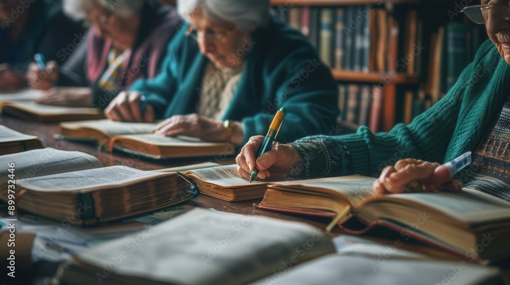 Poster elderly learners focus on studying foreign languages using textbooks and dictionaries at a warm and 