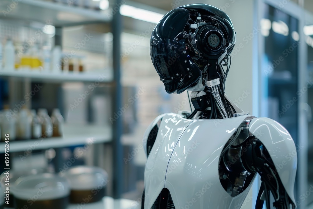 Poster close-up of ai humanoid robot in laboratory, showcasing advanced robotics and technology