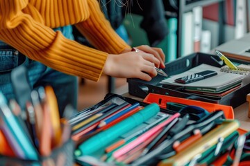 Fototapeta premium Young Student Organizing Desk with Colorful School Supplies for Back to School Season Realistic Photo