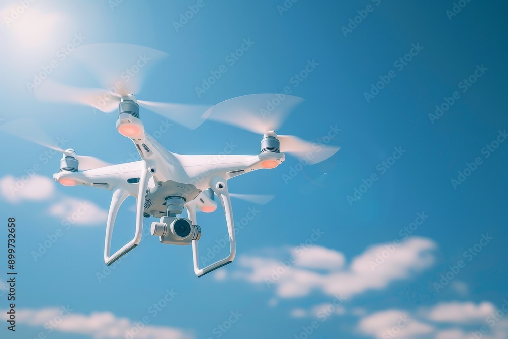 Poster close-up of ai drone flying in sky, representing innovation and automation in aerial technology