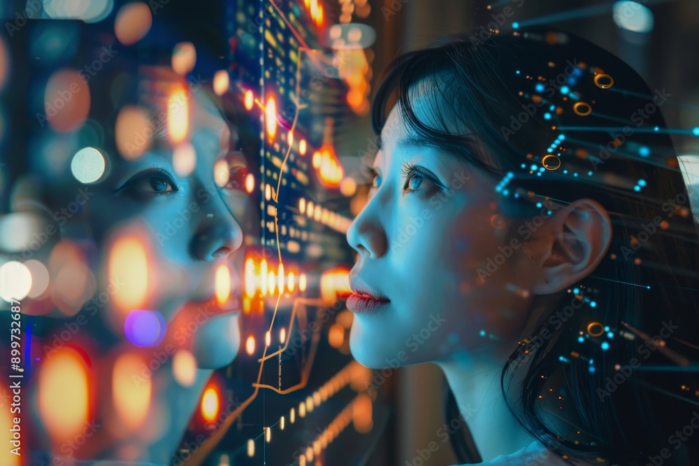 Poster woman using ai-driven recommendation system, showcasing personalized content and services