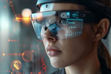 Woman wearing AR glasses with AI overlay, illustrating augmented reality and information display