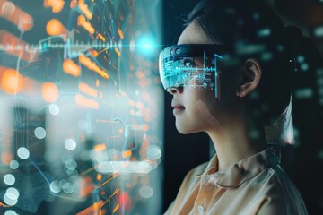 Woman wearing AR glasses with AI overlay, illustrating augmented reality and information display
