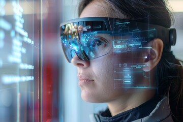 Woman wearing AR glasses with AI overlay, illustrating augmented reality and information display