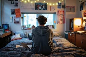 Student Nostalgia: Young Scholar Reflecting on Family Memories in Dorm Room Setting