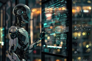 Fototapeta premium Close-up of AI robot learning from data, showcasing machine learning and artificial intelligence