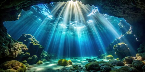 Underwater cave with rays of sunlight filtering through the water , underwater, cave, sunlight, rays