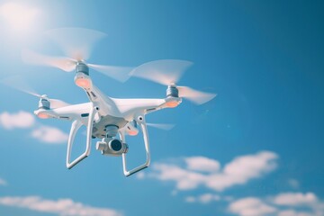 Close-up of AI drone flying in sky, representing innovation and automation in aerial technology
