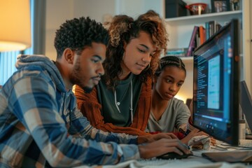 Obraz premium Supportive Parents Assisting Student to Set Up Computer in Dorm Room - Realistic Family Scene of Technology Transition