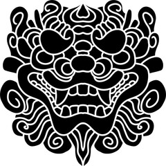Traditional lion face tattoo. Chinese lion face statue. Vector of Ancient Chinese Traditional Monster lion head Pattern. Chinese Lion traditional style logo. line art