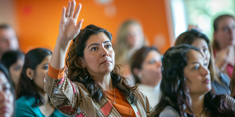 hispanic woman raises her hand in a conference setting, ready to ask a question or contribute to the discussion.