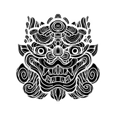 Traditional lion face tattoo. Chinese lion face statue. Vector of Ancient Chinese Traditional Monster lion head Pattern. Chinese Lion traditional style logo. line art