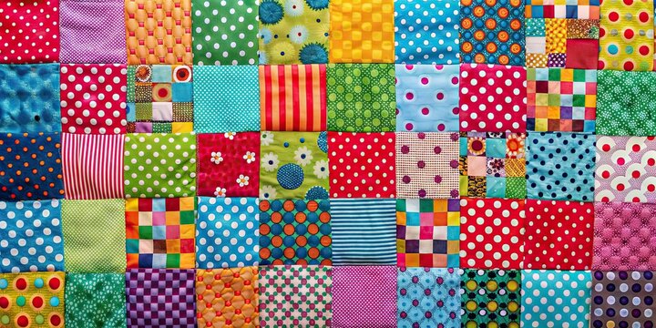 Vibrant patchwork art with polka dot patterns, colorful, patchwork, art, textile, fabric, design, vibrant, colorful, bright