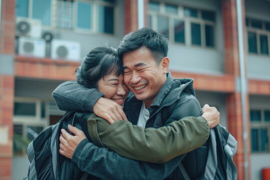 Heartfelt Farewell: Emotional Student Embracing Parents Outside College Dormitory | Realistic Family Reunion Moment