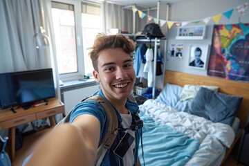 Happy Student Capturing Memories: Young College Student Taking a Selfie in New Dorm Room Excited to Share with Friends and Family