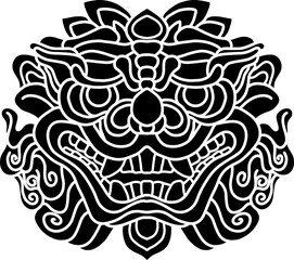 Traditional lion face tattoo. Chinese lion face statue. Vector of Ancient Chinese Traditional Monster lion head Pattern. Chinese Lion traditional style logo. line art