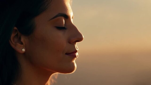 A woman stands with her eyes closed, breathing deeply, in front of a golden sunset.