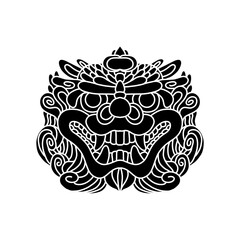 Traditional lion face tattoo. Chinese lion face statue. Vector of Ancient Chinese Traditional Monster lion head Pattern. Chinese Lion traditional style logo. line art