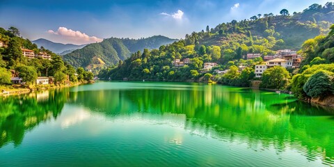 Green water lake surrounded by lush greenery in Bhimtal, Uttarakhand , Bhimtal, Lake, Green, Water, Lush, Greenery, Uttarakhand
